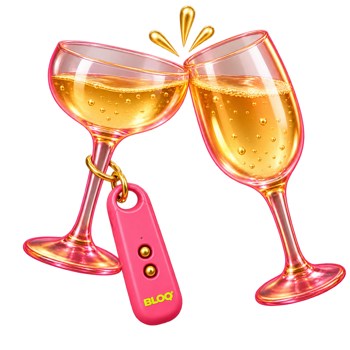 Two clinking glasses with a BLOQ alarm