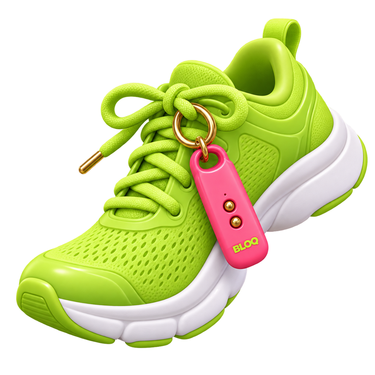 Running shoe with a BLOQ alarm on the laces